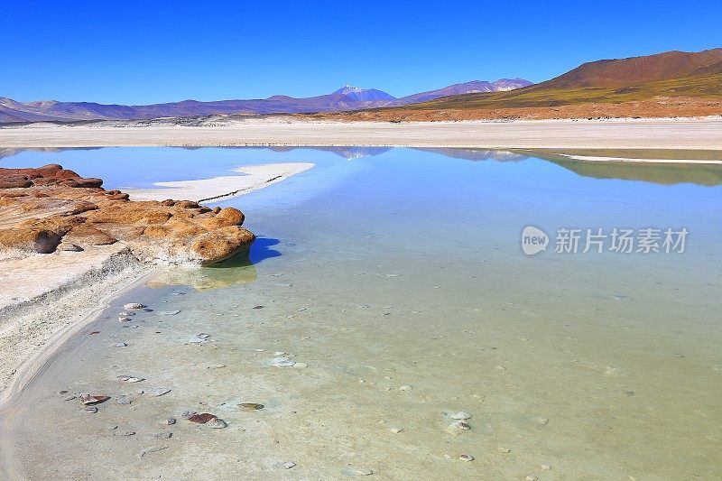 Salar de Talar, Piedras rojas(红色石头)-绿松石湖反射和田园般的阿塔卡马沙漠，火山景观全景-圣佩德罗阿塔卡马，智利，Bolívia和阿根廷边境